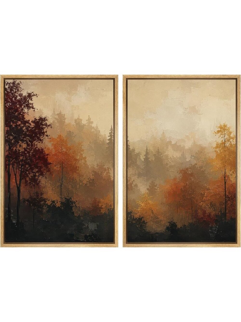 Framed Canvas Wall Art Set - Misty Autumn Forest & Woodland Tree Illustrations